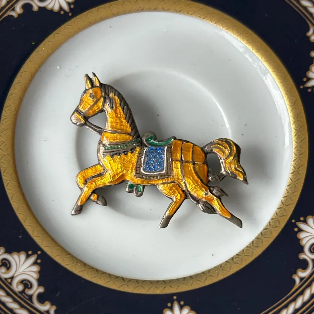 Vintage Siam Sterling Yellow Enamel Horse Brooch